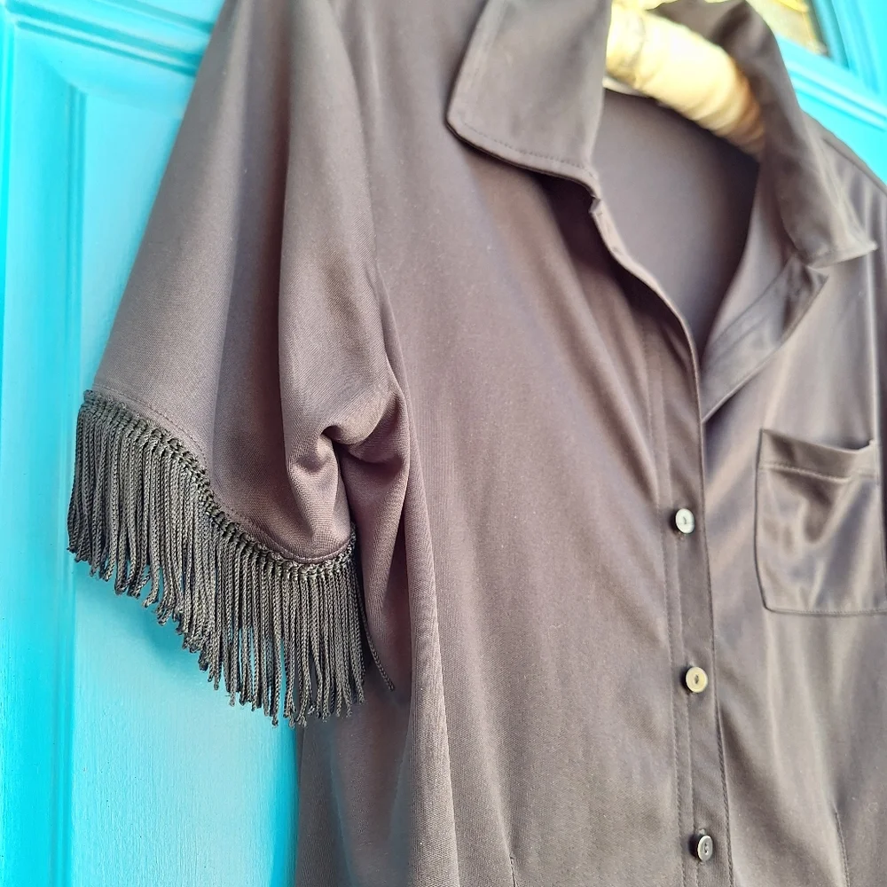 Vintage Blouse Fringe Sleeves Button Down Fitted Top Exagerated Flowy Trim M - Picture 3 of 17
